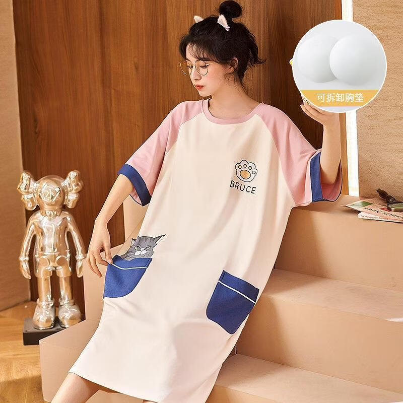 DAPHNE达芙妮【M】夏季女睡裙带胸垫棉质短袖无钢圈内衣罩杯孕妇圆领女士宽松 2916【含量30棉】 XL【含量30棉】