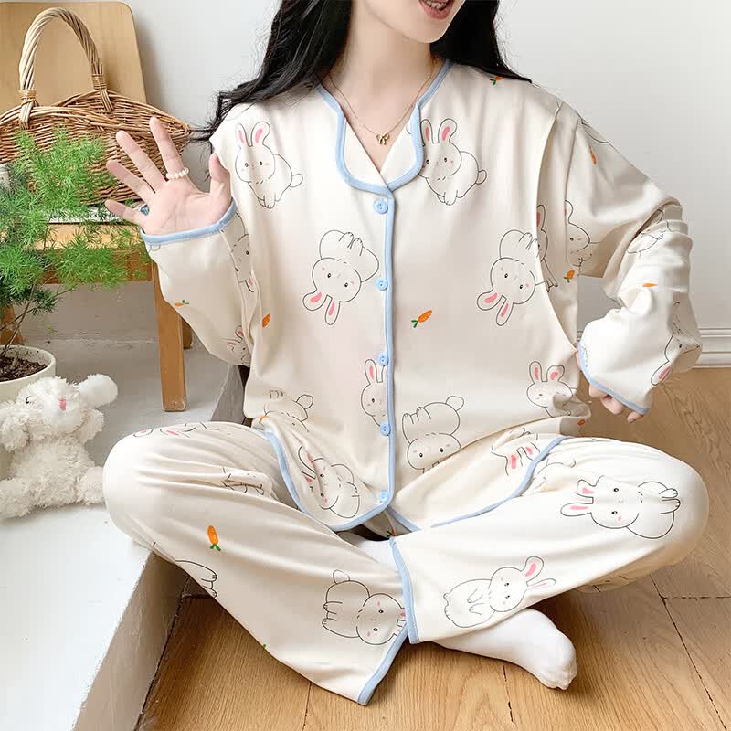 ROVO月子服孕妇睡衣套装可外穿产后哺乳衣夏季新款 浅蓝小兔 XL