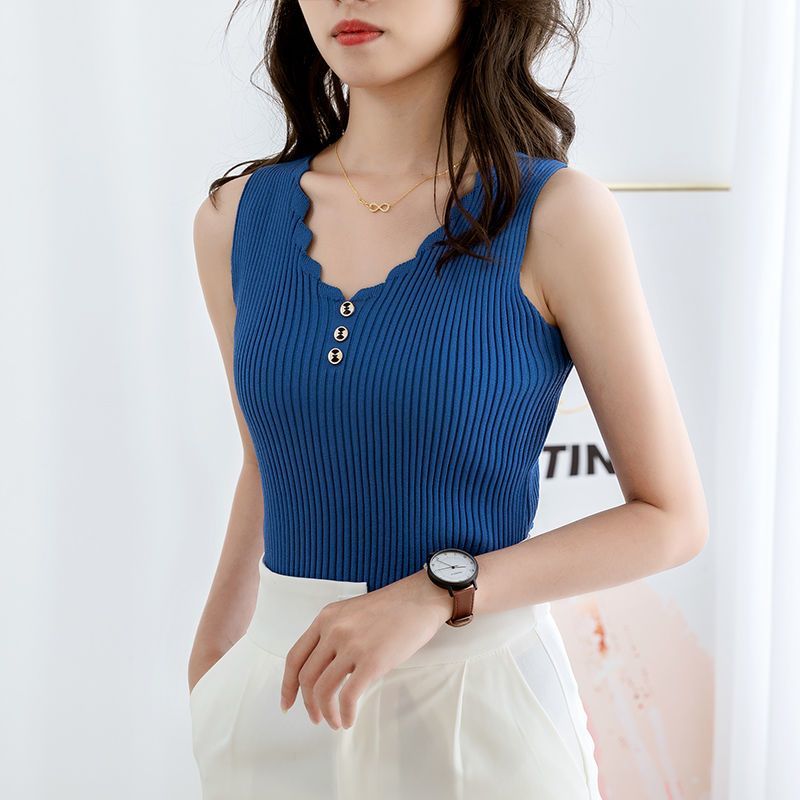 YUNTH夏装冰丝吊带针织背心女美背宽松百搭无袖大码韩版打底V领显瘦 黑色不掉色 XS 建议80-90斤