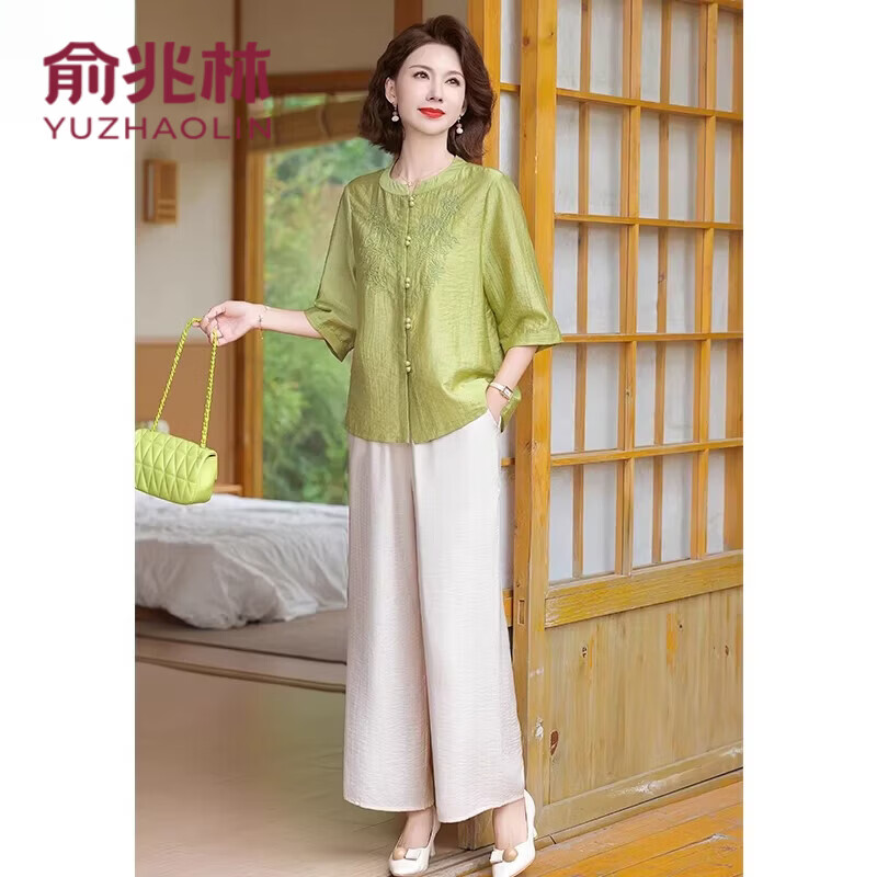 俞兆林(YUZHAOLIN)洋派妈妈夏2026新款女装套装时尚中老年人女装绣花上衣夏装两件套 绿色+米色阔腿裤 3XL 建议120-130斤 京东折扣/优惠券