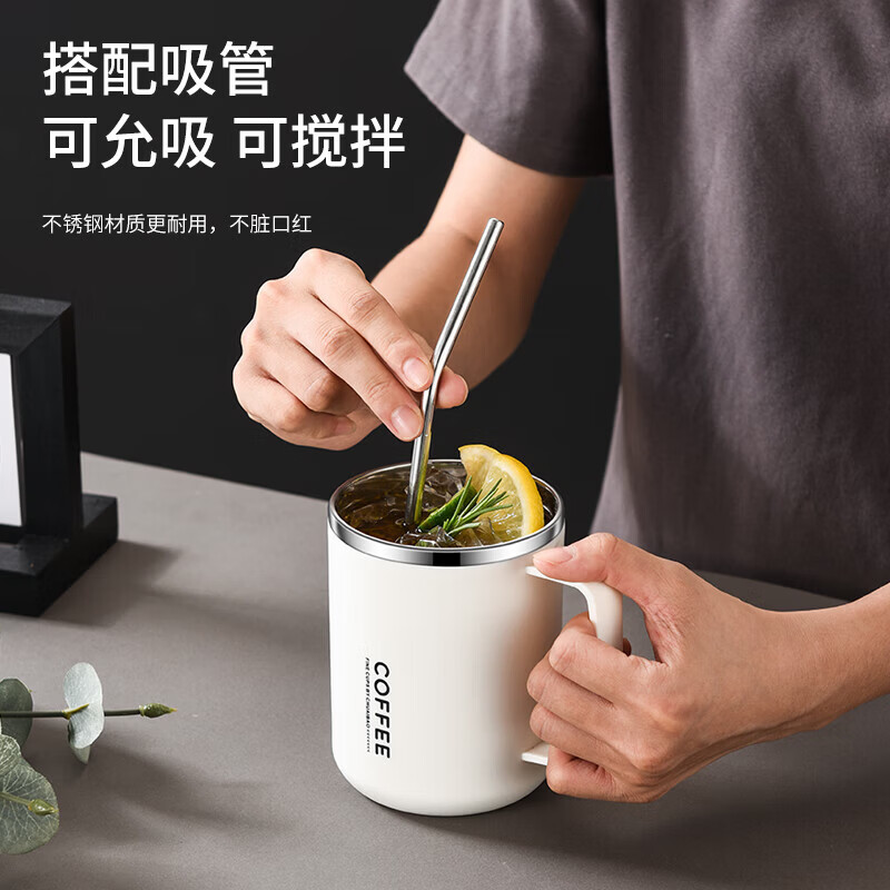 304学生马克杯不锈钢燕麦牛奶杯宿舍家用带盖吸管泡麦片喝水杯子 304内胆【黑色款】 【内置茶漏】杯子+不锈钢吸管