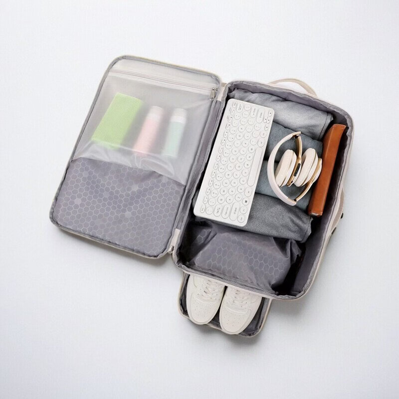 Keating Berus德国进口可扩容双肩包男士行李包大容量学生书包女出差电脑包短途 米白色【扩容标准版】款二 多隔层无侧兜无鞋仓