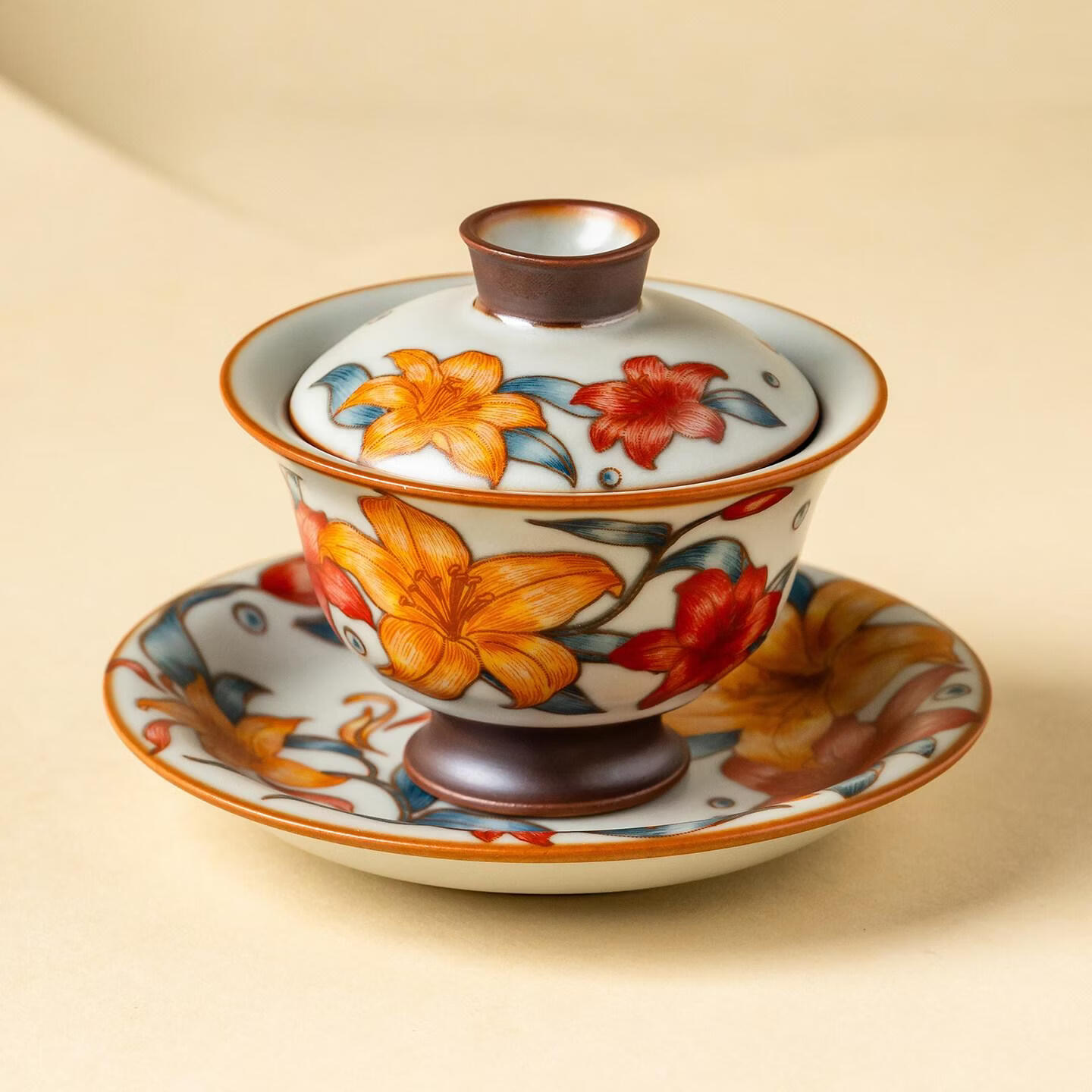 YOGEHOME汝窑春涧百合陶瓷三才盖碗茶杯家用功夫茶具高档泡茶碗不烫手茶盅 米黄汝窑春涧百合-玲珑盖碗+碗托【礼盒装】 无规格