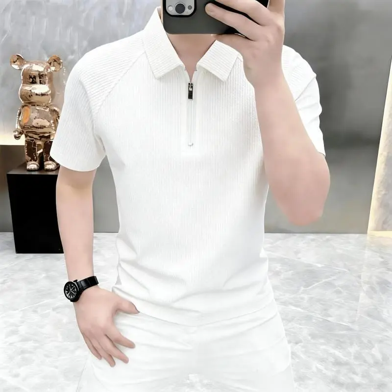 【轻奢简约】2026夏季男士高级感半拉链短袖POLO时尚翻领半袖T恤 米白色 2XL (148-165斤)