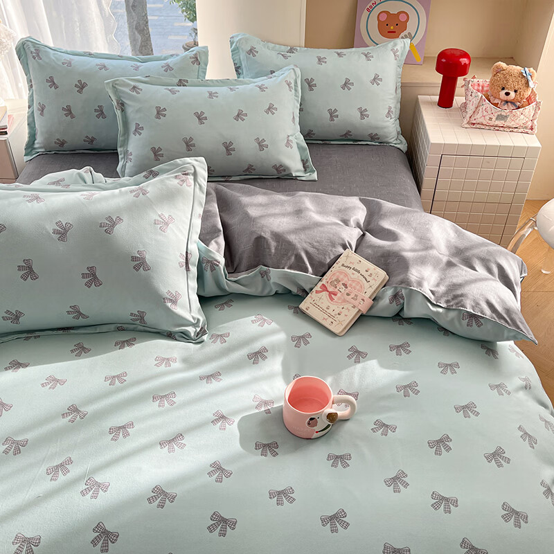 雅鹿春秋床上四件套新款床单被套被罩床品学生宿舍家用四件套 蝴蝶结 绿【清爽透气水洗棉】 1.2m宿舍 床单款 （被套150*200cm）三件套
