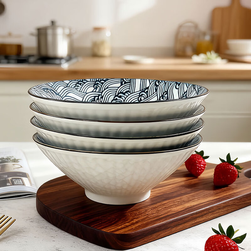 肃匠陶瓷斗笠碗家用大汤碗日式拉面碗ins餐具复古国风拌面碗 国潮8英寸斗笠碗4只【混色】