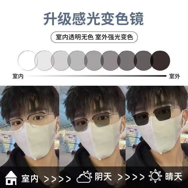 卡捷思痞帅理工男半框变色近视眼镜防蓝光可配护目眼睛架斯文败类女潮流 痞帅黑银框【变灰色】 【0度】平光镜+镜盒镜布