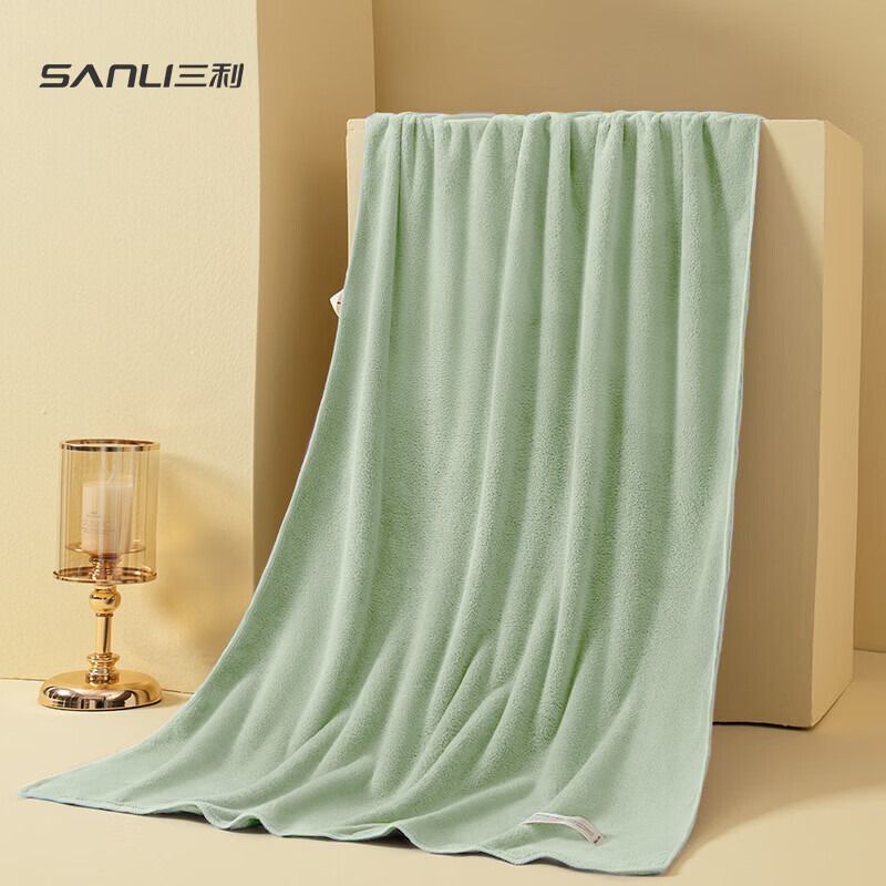 三利加大款毛巾浴巾2件套装A类男夏季速干吸水洗澡不掉毛大成人女绿色
