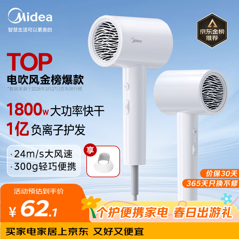 美的（Midea）1亿负离子电吹风 大功率快干不伤发吹风机 家用负离子护发吹风筒 FJ208白1800W 国家补贴 生日礼物