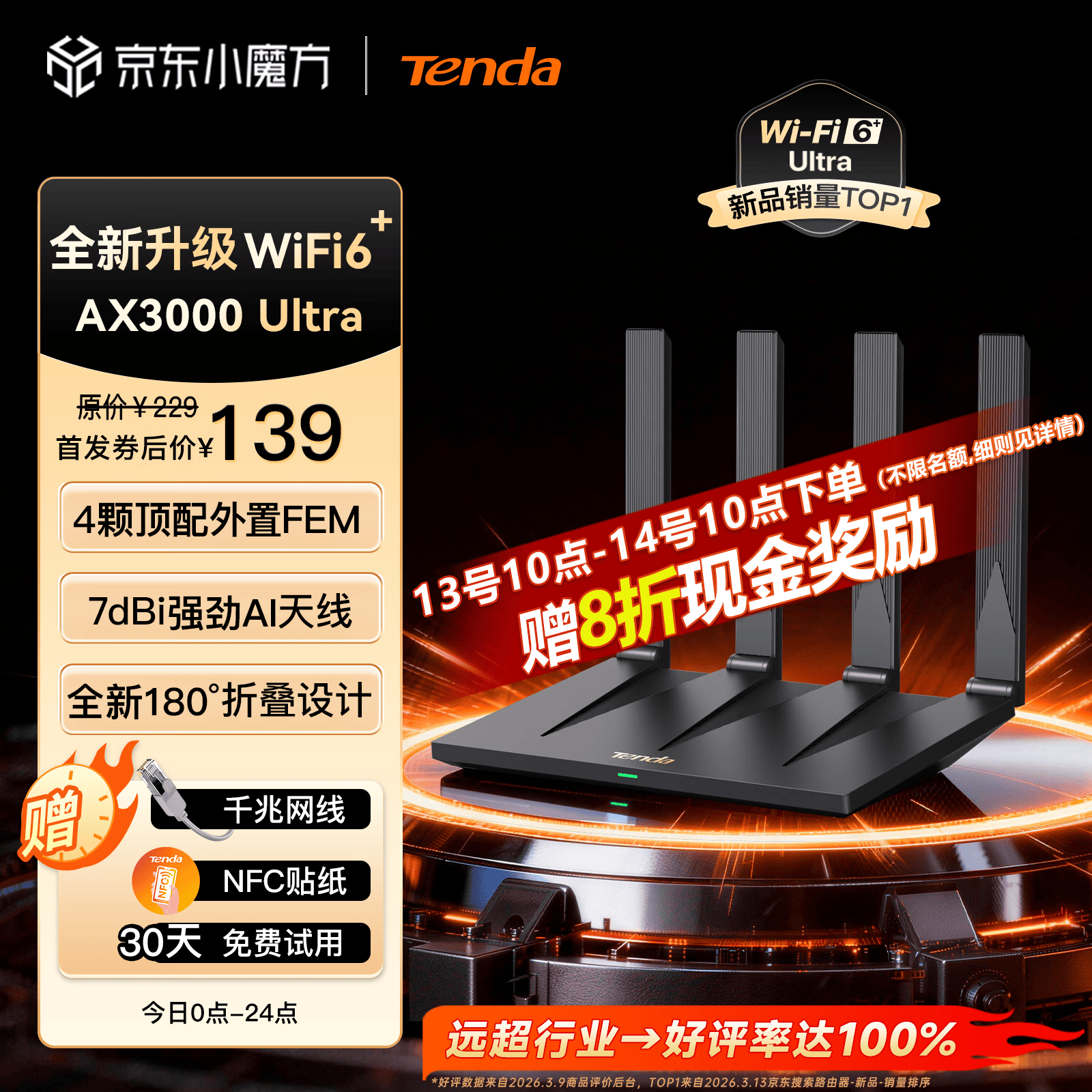 Tenda腾达路由器WiFi6+【泰山AX3000 Ultra】千兆穿墙王信号放大器增强无线家用甄选高配芯片AX12 Pro