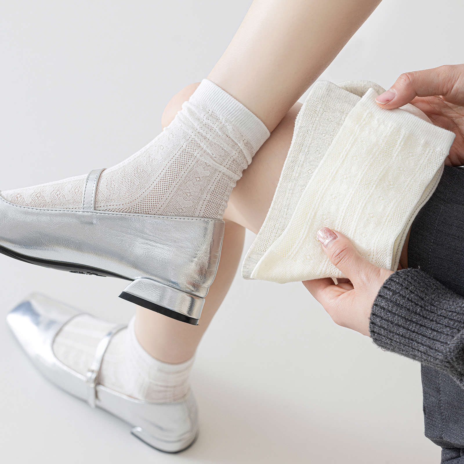 i gkppnj袜子女春夏款无骨缝合棉袜网眼透气10A抗菌吸汗防臭芭蕾中筒袜 （白色*2+奶黄*3）五双装 均码 无规格