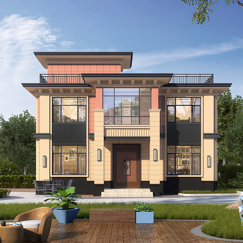 匠墅居 二层别墅设计图纸新中式风格复式挑空全套效果建房施工图纸小