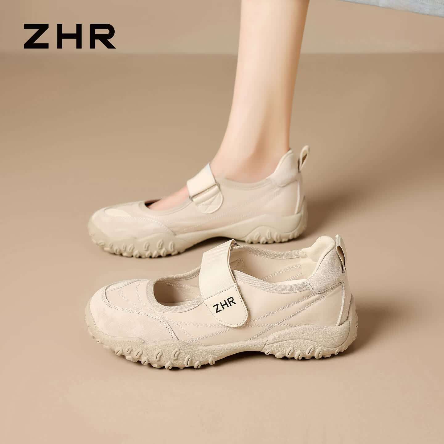 ZHR则则头层猪皮德训鞋女2026新款透气运动凉鞋女舒适女鞋 KD231杏色37