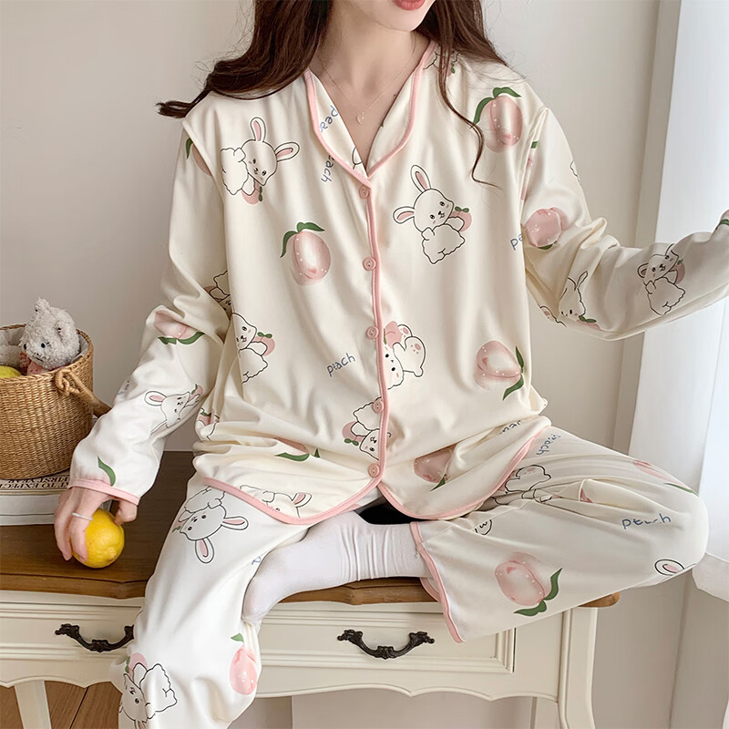 ROVO月子服孕妇睡衣套装可外穿产后哺乳衣夏季新款 粉桃小兔 L