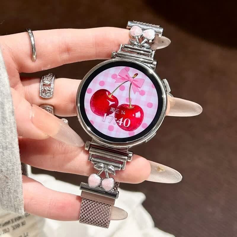 适用华为gt6表带金属磁吸watch5新款樱桃粉金米兰轻奢时尚网红女款表带 【银色-米兰尼斯】+樱桃白头粒 适用：华为Watch GT-表带22mm