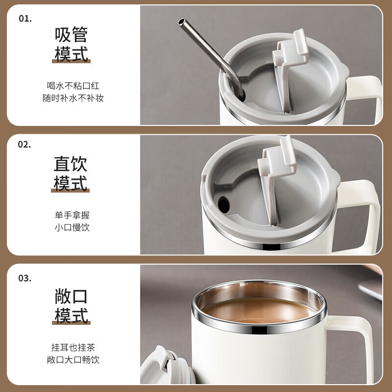 304学生马克杯不锈钢燕麦牛奶杯宿舍家用带盖吸管泡麦片喝水杯子 304内胆【黑色款】 【内置茶漏】杯子+不锈钢吸管