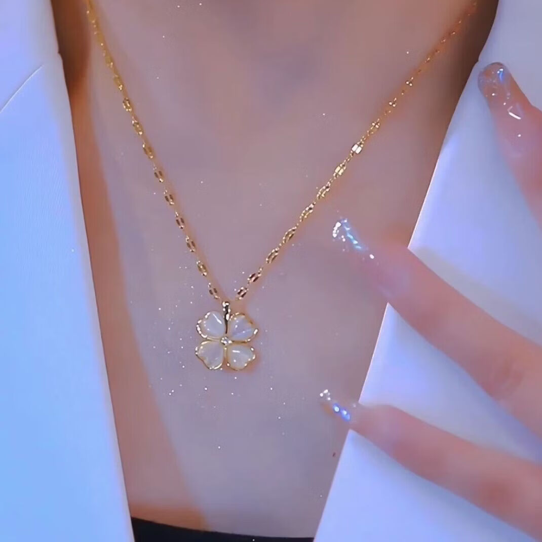 可水洗幸运四叶草爆款钛钢项链高级感时尚轻奢气质百搭锁骨链女 四叶草猫眼石项链【送精美礼盒】