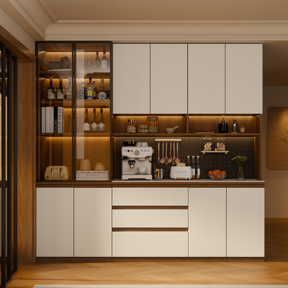 溥畔风餐边柜置物靠墙一体储物收纳柜子客厅酒柜茶水咖啡柜吧台 [满墙柜]六门240x40x240丨整柜18MM厚