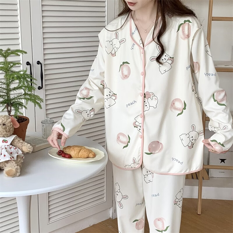 ROVO月子服孕妇睡衣套装可外穿产后哺乳衣夏季新款 粉桃小兔 L