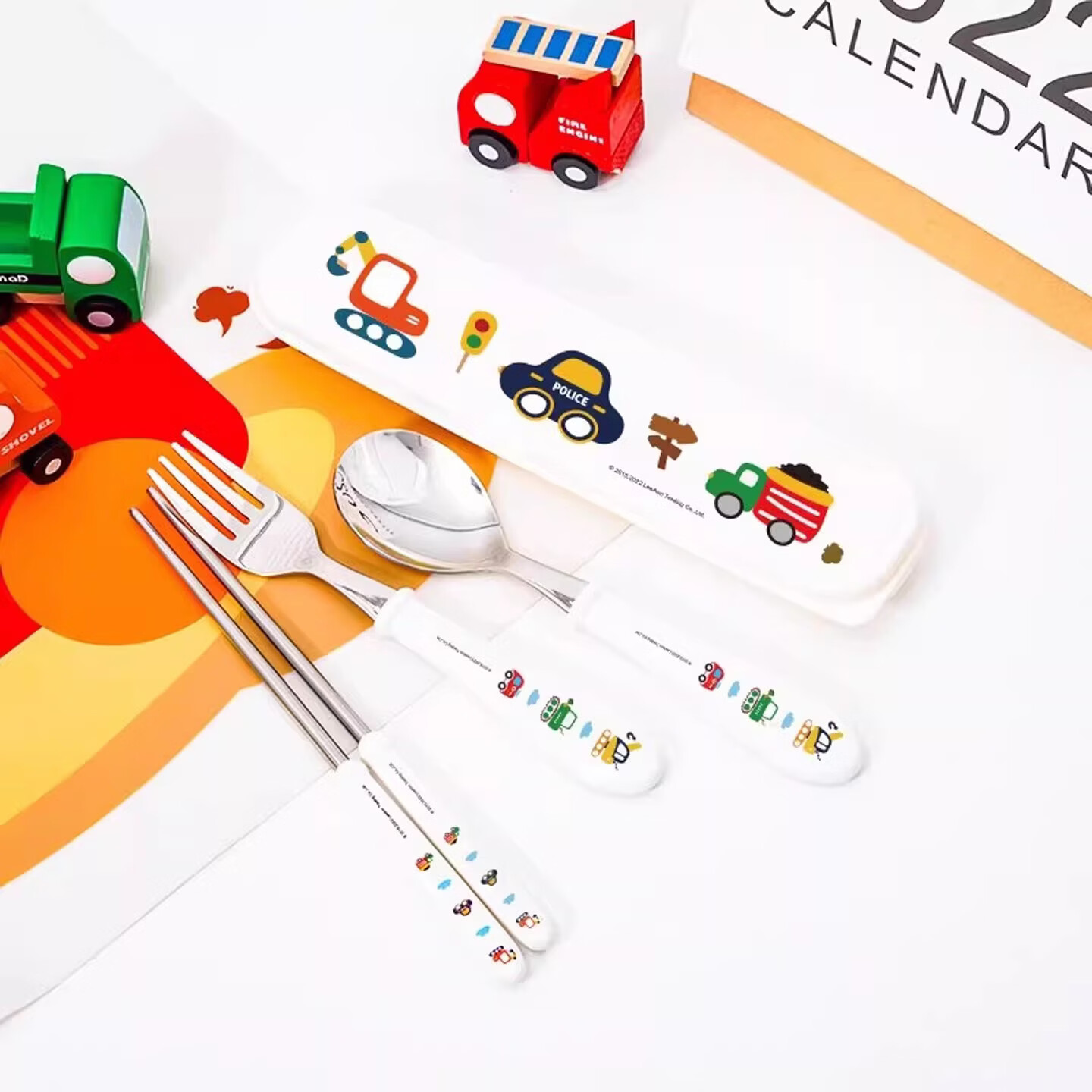 联扣316不锈钢吃饭调羹儿童勺子筷子叉子小学生餐具套装勺叉筷 【316】小汽车(树脂勺叉筷+盒)