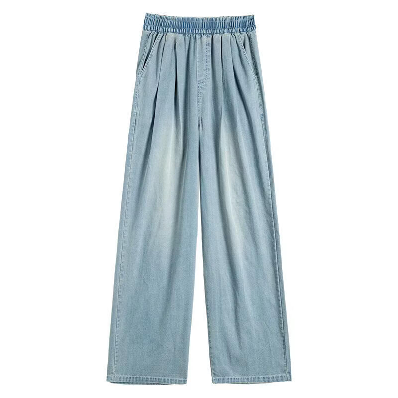 天丝牛仔裤女夏季薄款2026新款小个子垂感松紧腰宽松冰丝阔腿裤子 加绒-白色【小个子】 XL 【131-150斤】
