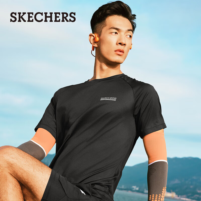 斯凯奇（Skechers）夏季男短袖T恤吸湿速干透气运动休闲时尚简约打底衫P225M086 碳黑/0018 2XL