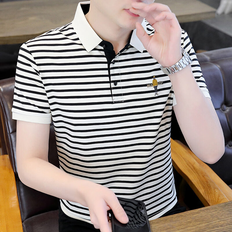 袋鼠（DAISHU）条纹polo衫男2026新款夏季上衣短袖t恤潮牌高端夏装半袖体恤衣服 J-938白色 5XL 约185-195斤可穿