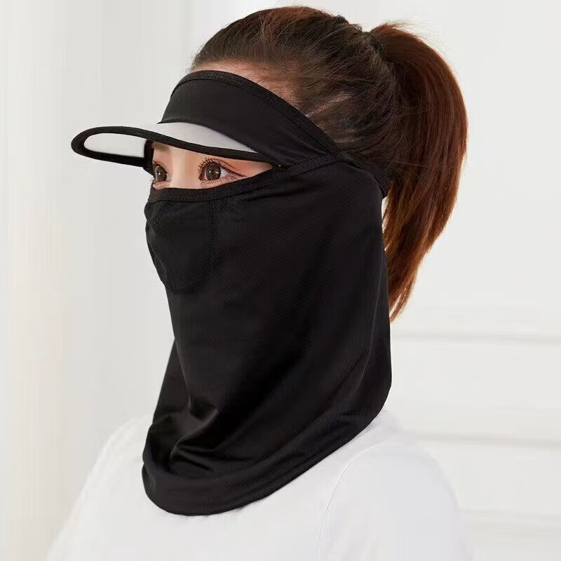 |夏季脸部防晒面罩呼吸面膜带帽檐口罩呼吸款冰丝透气遮脸 黑色2个装 防晒面罩