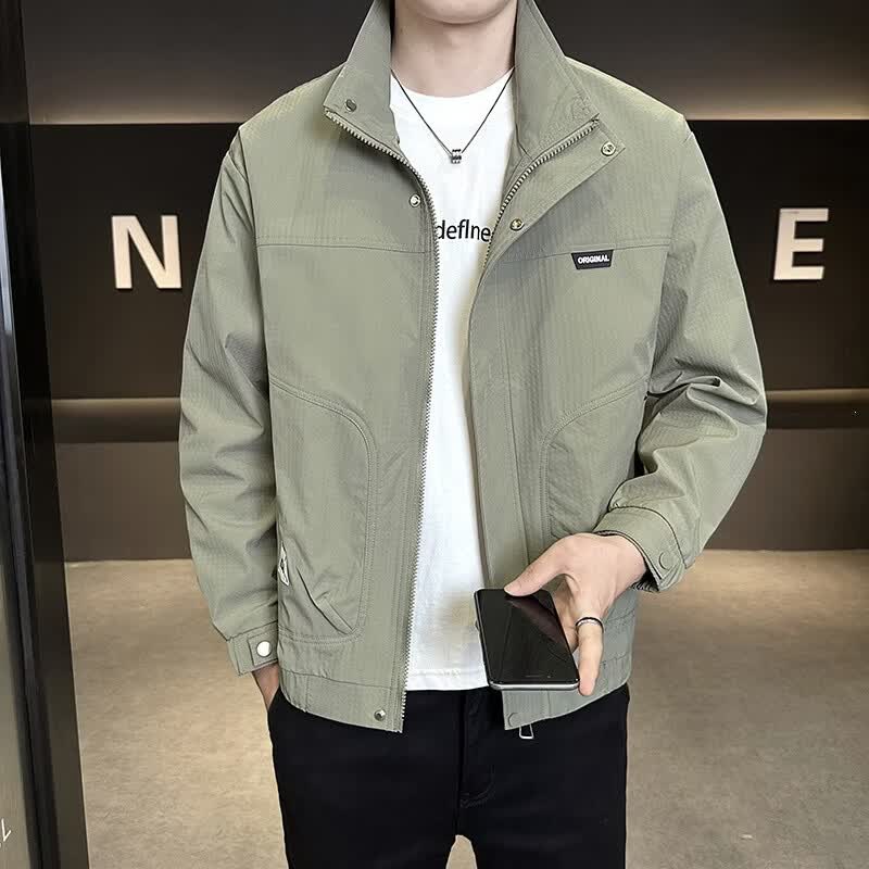 【甄选品质】春季新款宽松时尚夹克立领工装外套男士百搭上衣夹克 军绿色 2XL 建议【150-165斤】