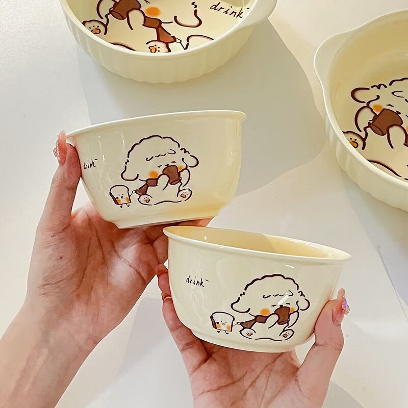 【乐选】奶fufu陶瓷釉下彩双耳碗一人食家用餐具套装带勺筷宿舍泡 面包旺4.5英寸碗(1碗1勺)