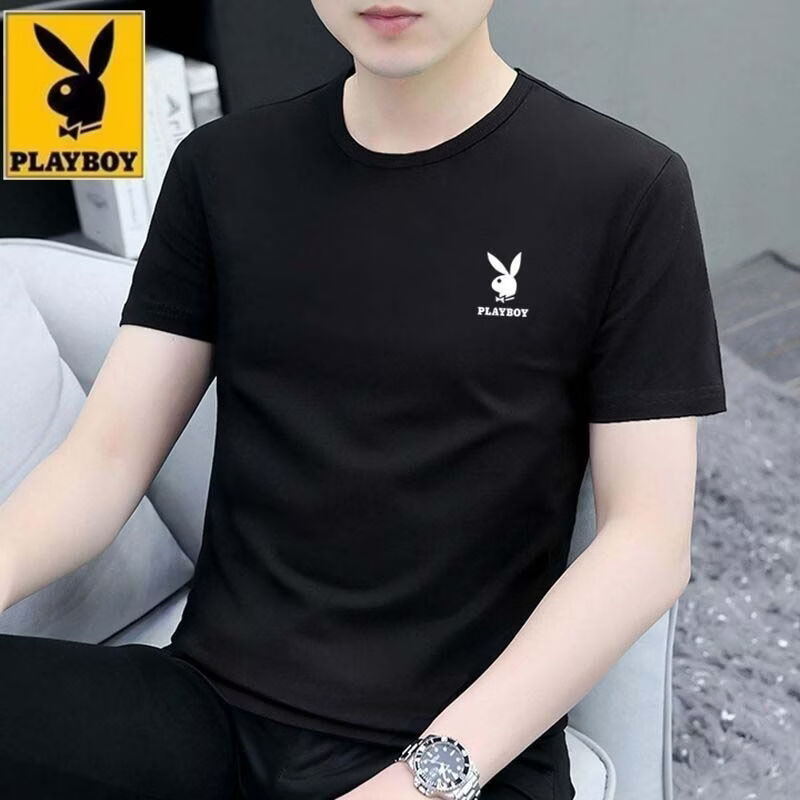 花花公子（PLAYBOY）新款男士短袖夏季印花时尚潮流T恤圆领修身上衣 白色+白色【两件装】 M 建议80-100斤