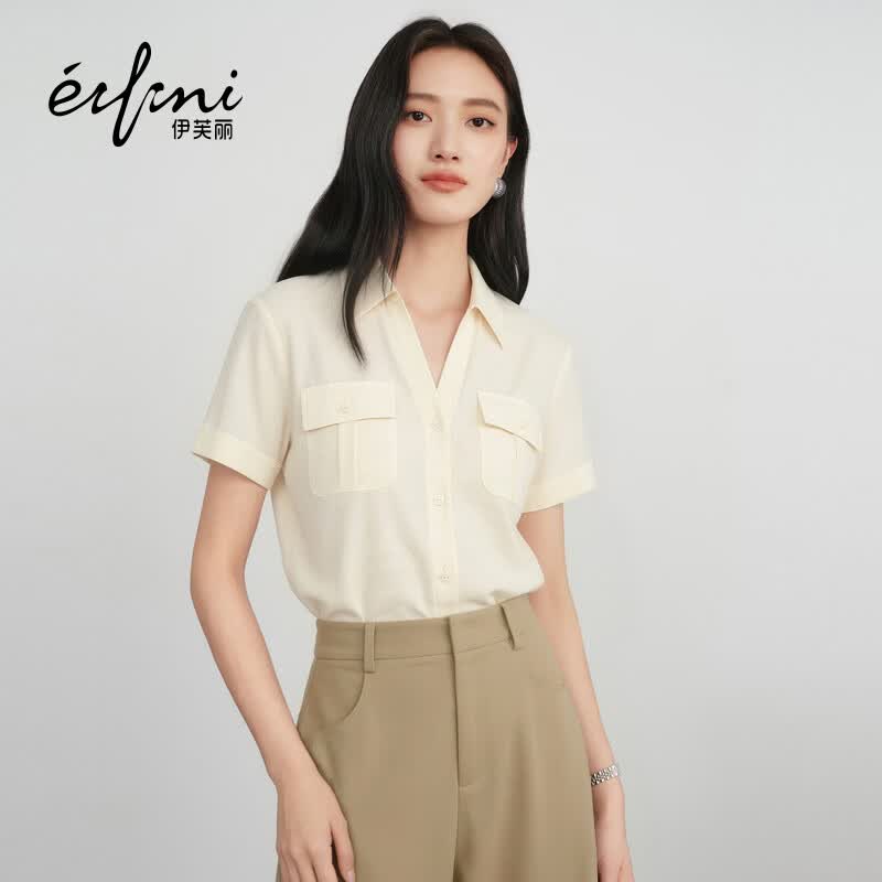 伊芙丽（eifini）秦岚代言气质醋酸短袖polo衬衫女2026夏季新款工装风小上衣 浅米色 S 80-105斤