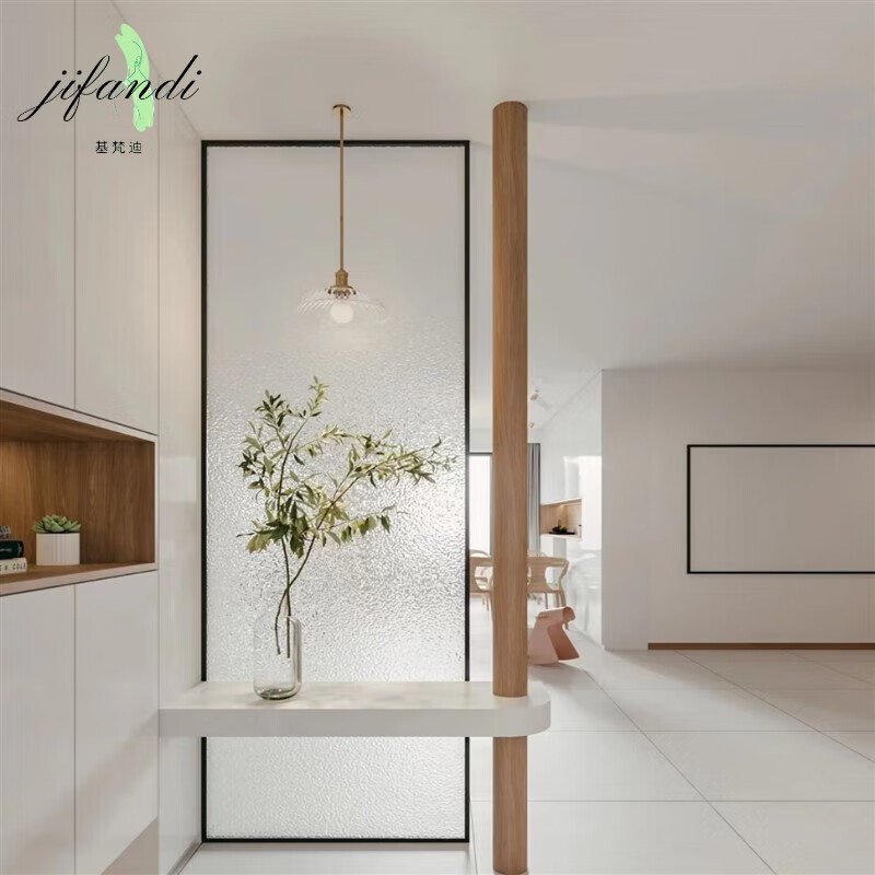 缦宛木日式极简艺术玻璃屏风隔断客厅入户玄关置物遮挡装饰 碳钢边框
