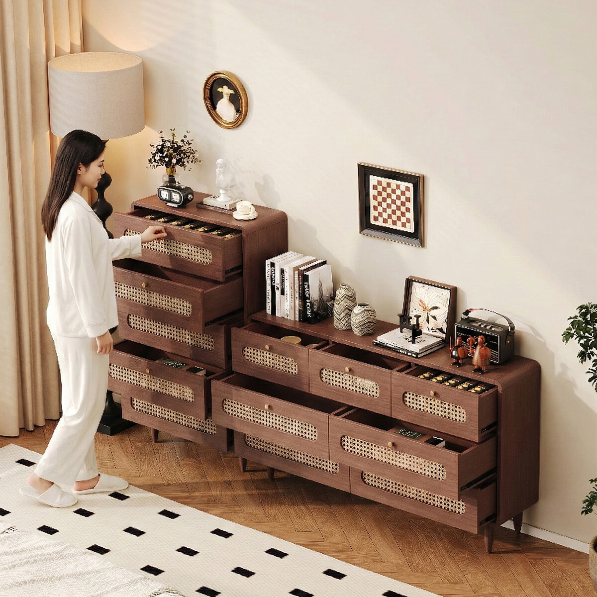 溥畔风五斗柜客厅靠墙储物柜多层收纳柜立柜电视柜旁小边柜 [复古白] 有送装服务