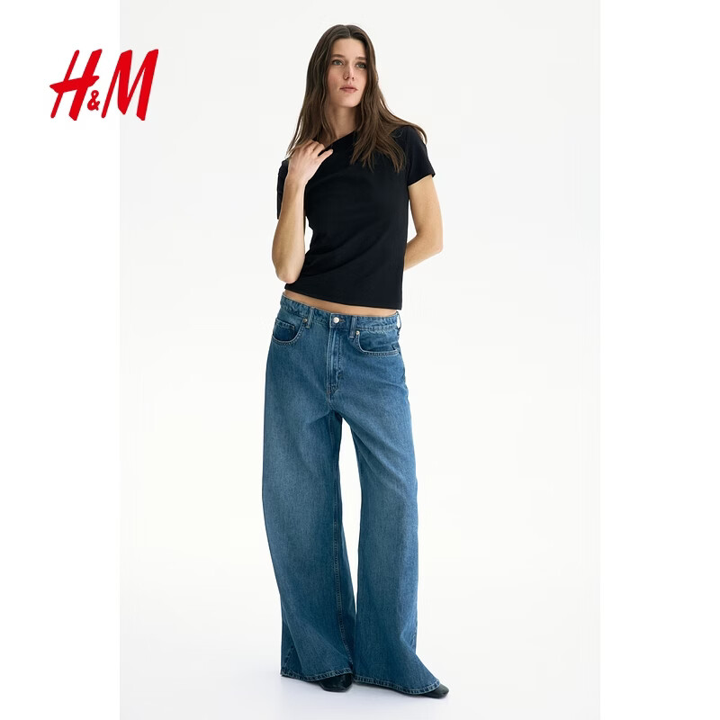 H&amp;M女装T恤夏季时尚洋气内搭休闲圆领修身短袖简约风T恤1260200 黑色 S 160/88