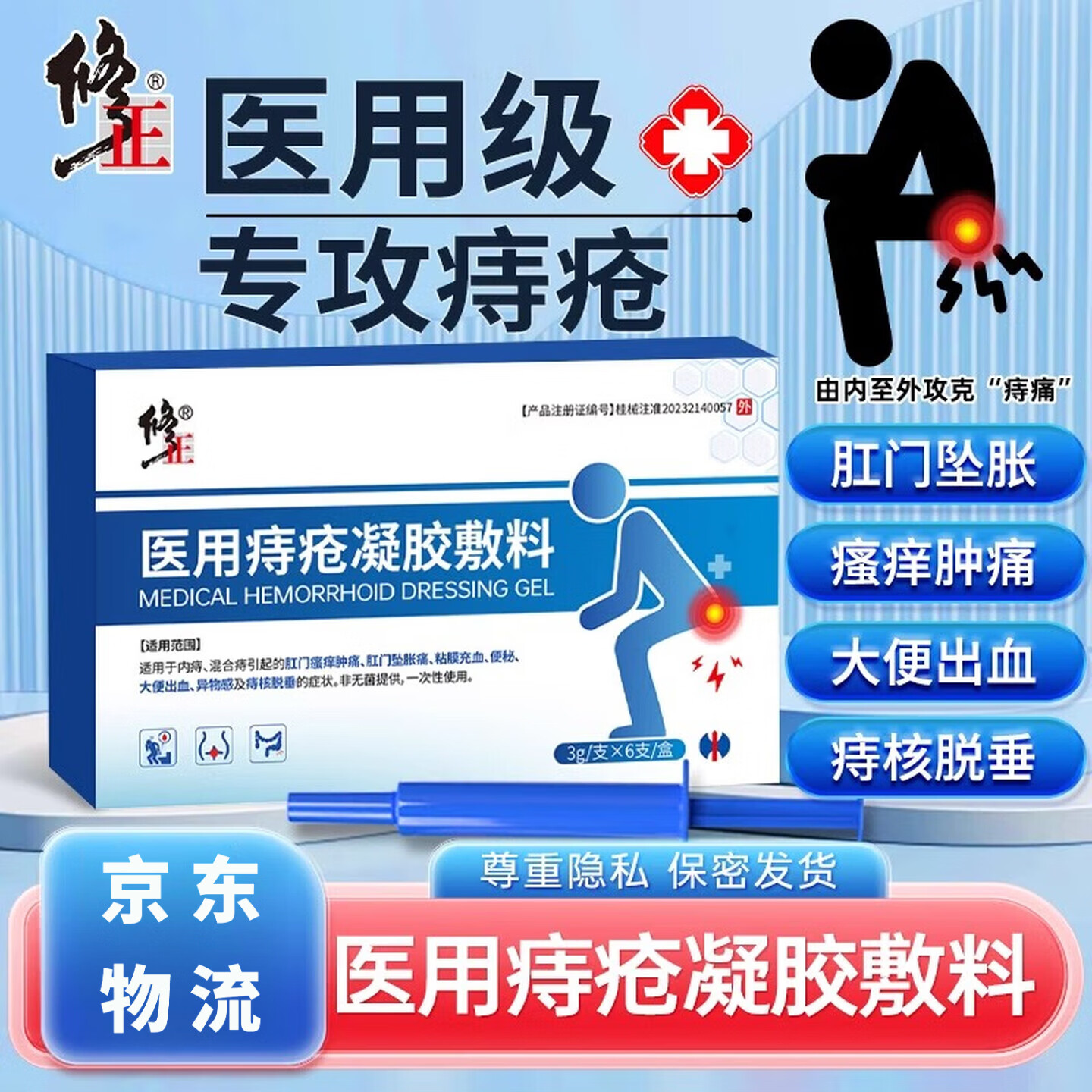 修正医用痔疮凝胶缓解肛门混合痔坠胀肿胀疼痛粘膜充血便秘护理痔疮膏 2盒轻度改善装 3g*6支/盒
