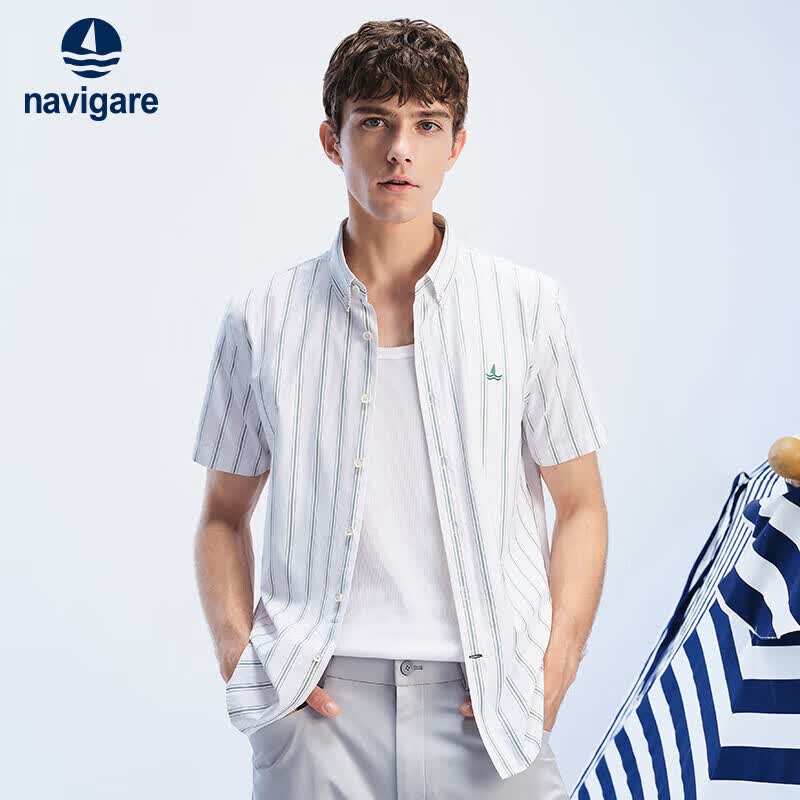 Navigare小帆船男凉感通勤短袖衬衫休闲条纹衬衣1323545503