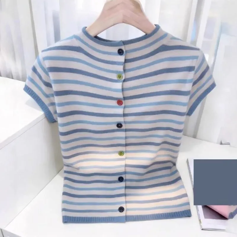 2026夏季新款蓝色条纹气质修身短袖T恤女装休闲百搭独特漂亮上衣 蓝色条纹 L 【建议100-120斤】