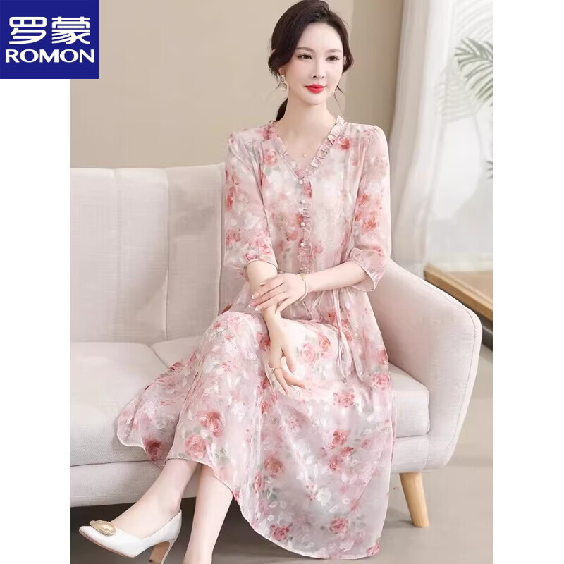 ROMON夏装碎花裙子高端中长款洋气中老年女装收腰显廋连衣裙女装连衣裙 粉色 XL 【建议95-115斤】
