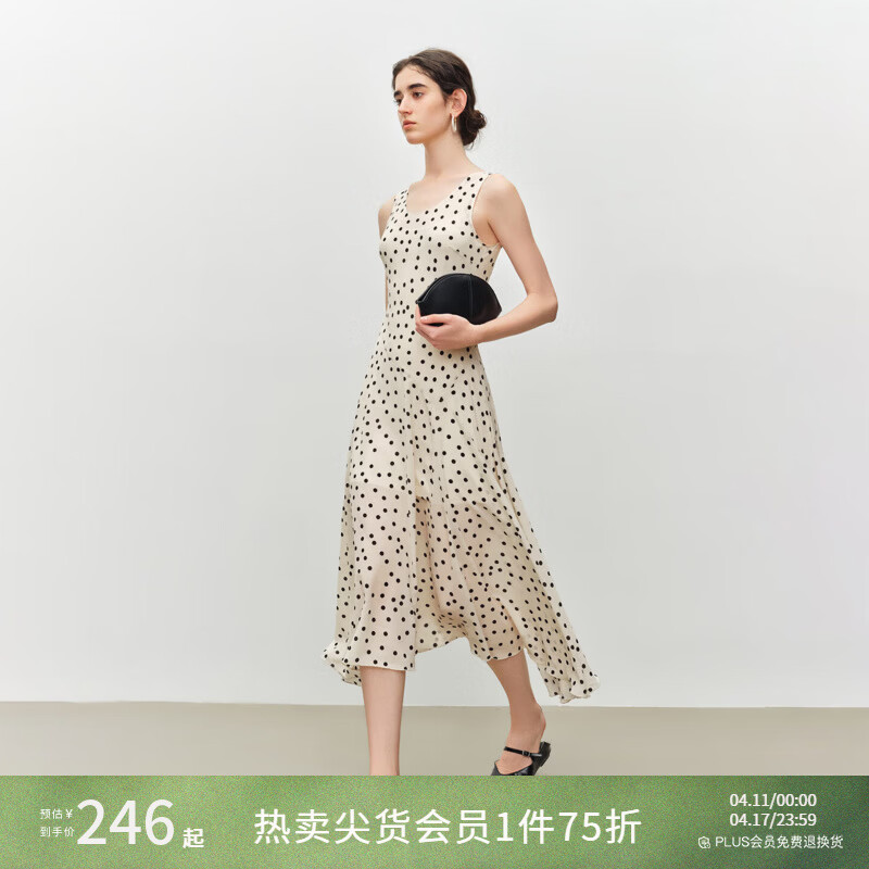 自巧小个子斜裁复古波点雪纺吊带连衣裙女2026夏季新款U领背心裙 白底黑点 XS （尺码：2）