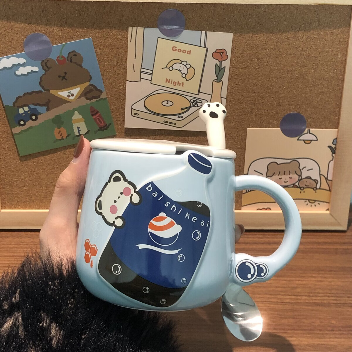溥畔情侣对杯陶瓷杯马克杯带盖勺可爱女生水杯办公室咖啡杯早餐杯 蓝色百事(杯+盖+陶瓷猫爪勺)