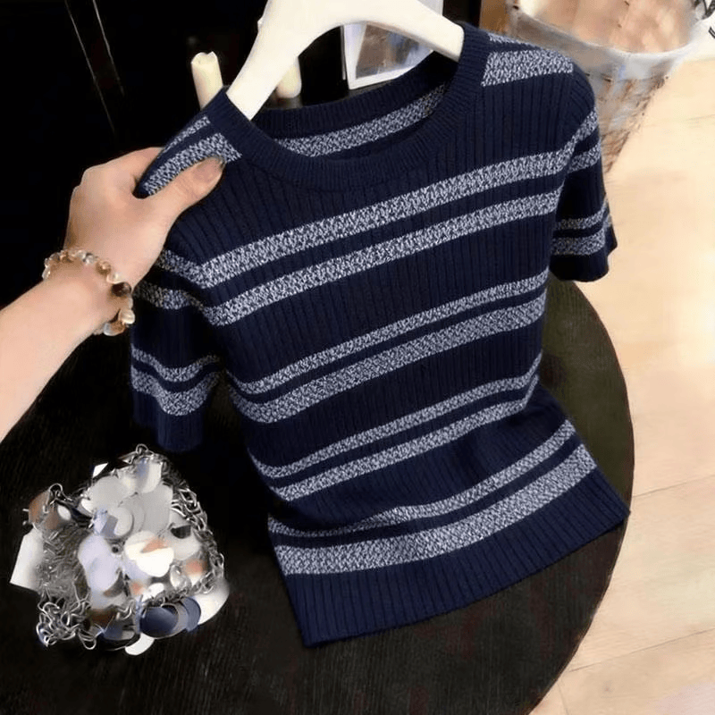 莱赛尔天丝新款时尚气质高级感显瘦时髦条纹短袖针织T恤上衣爆款 XL 115-130斤