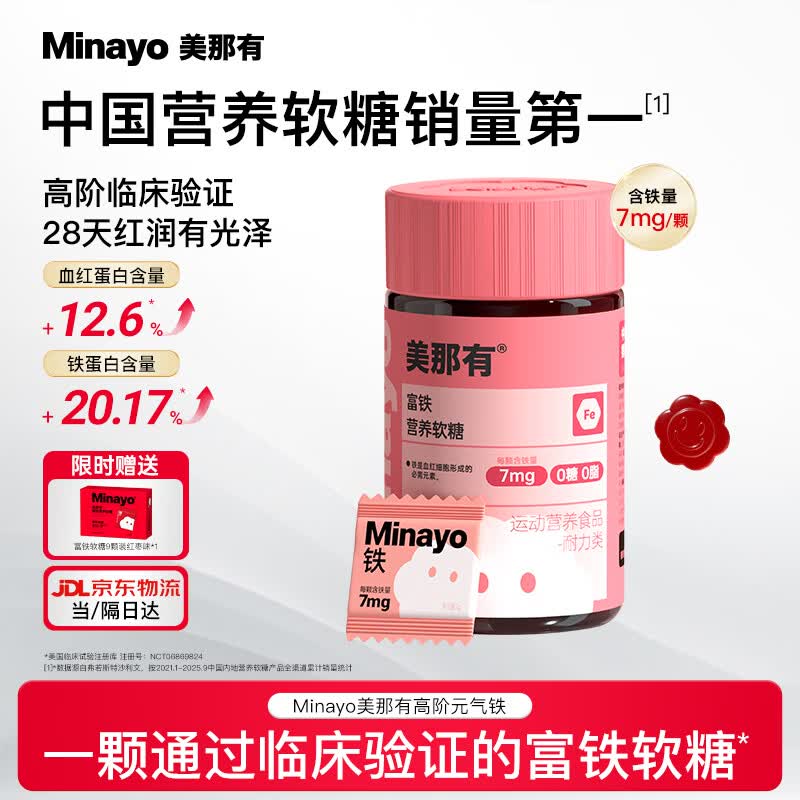 minayo美那有富铁软糖高阶元气铁女性经期哺乳孕妇补铁剂元素补气血0糖 【补铁补气血】富铁软糖 60粒*1瓶 荔枝味