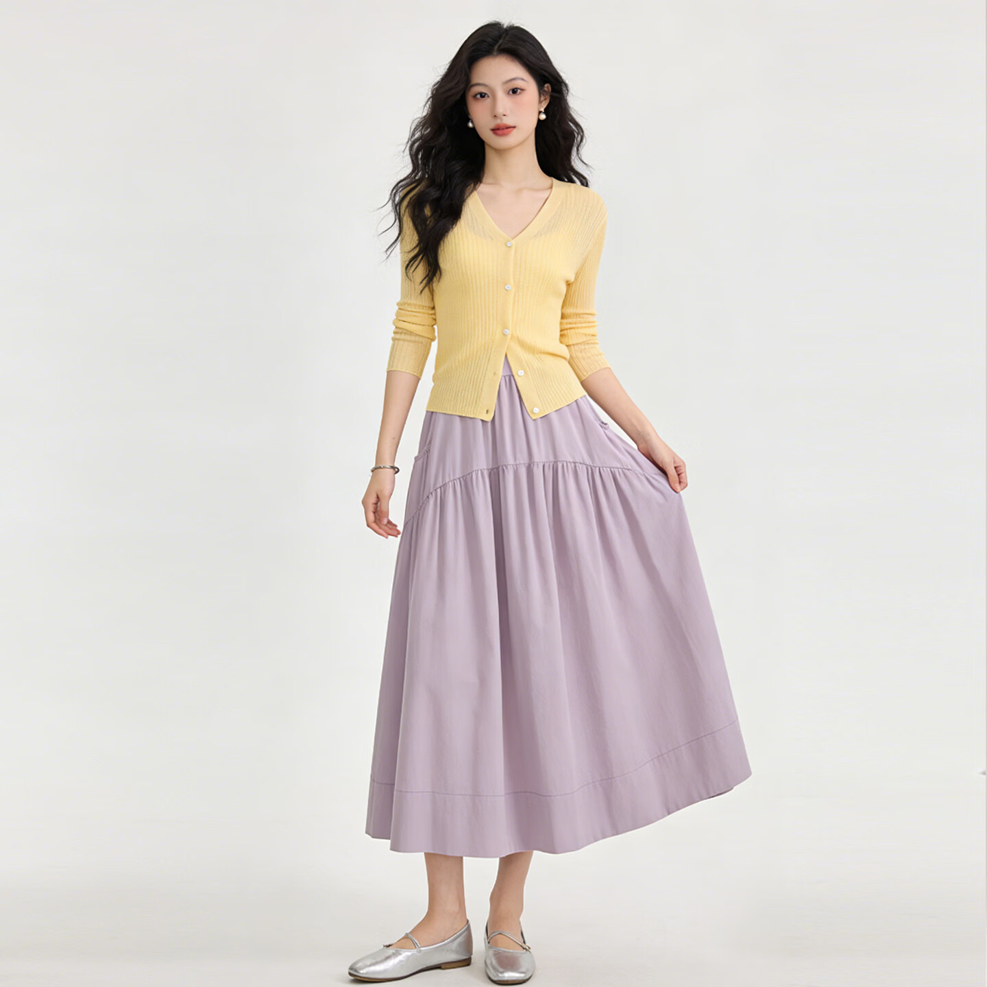 依凡芙夏季轻薄高腰A字伞裙女装新款时尚百搭拼接蛋糕裙遮肉显瘦半身裙 白色 M