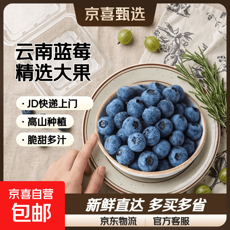 京喜加国产云南蓝莓【多地JD快递】超大果蓝莓新鲜水果单盒净重90g+ 12盒装 多买多划算【90-115g/盒】 中果【单果15mm+】