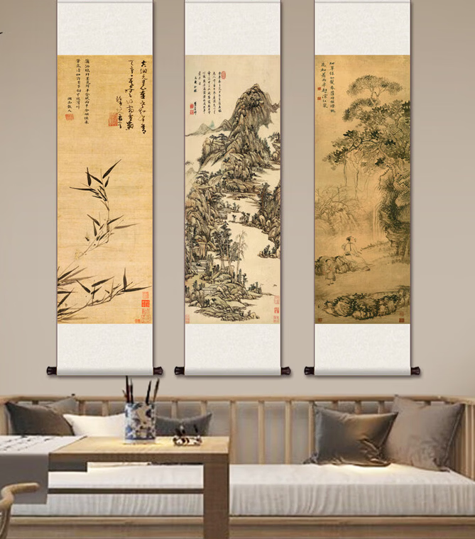 中掌柜文征明品茶图听琴图仿古山水名家字画书房茶室茶楼挂画办公室走廊 品茶图 100x30 丝绢画心丝绸画