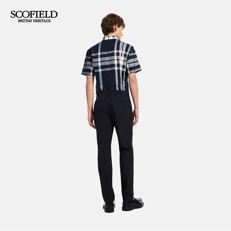 Scofield男装26年夏季新款100%翻领通勤休闲舒适格纹短袖衬衫男 藏青色 2XL (185)