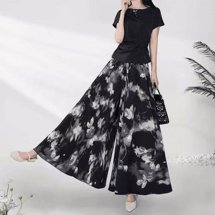 印花裙裤新款时尚半身裙宽松显瘦洋气大摆裤裙小个子妈妈七分阔腿 水墨花 XL 【建议体重120-140斤】