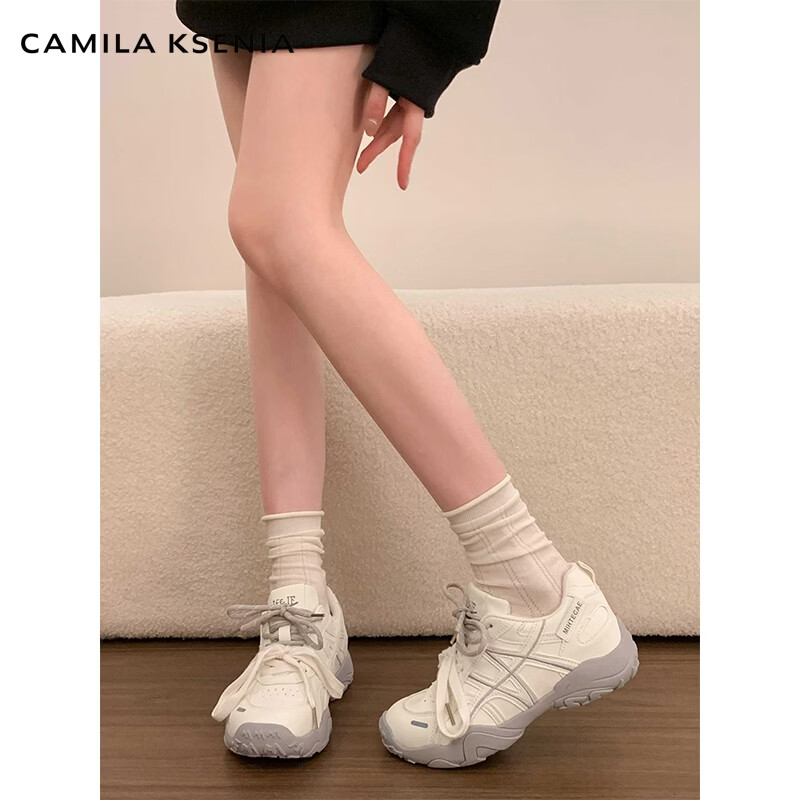 CAMILA KSENIA老爹鞋女士2026年新款夏季休闲德训鞋百搭厚底内增高运动小白鞋子 米灰色 38