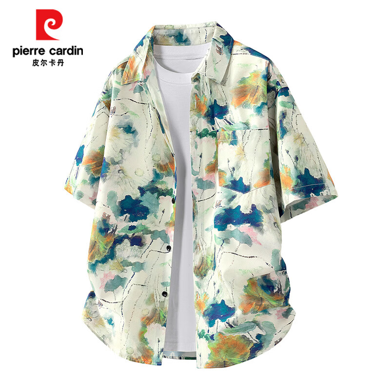 皮尔卡丹（pierre cardin）衬衫男夏威夷短袖T恤男夏装海边沙滩印花宽松休闲度假风短袖衬衣 丹青 XL